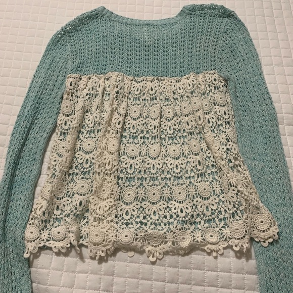 Women's Aqua Blue Sweater with Cream Crochet Lace Back - Picture 3 of 4